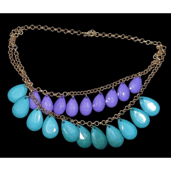 90s Themed Purple And Turquoise Gemmed Layered Fringe Necklace - Picture 1 of 6